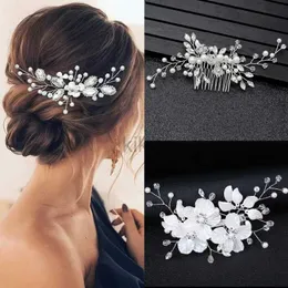 Jóias de cabelo de casamento para mulheres Cabelo de casamento Combs Acessórios para cabelo prata cor pérola Rhinestone Acessórios Jóias Capacete de noiva Presente D240425