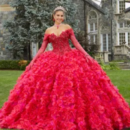 Red Quinceanera Dresses Long Sleeved Beaded Off Shoulder Ball Gown residos de 15 Anos Tull Tiered Sweet 16 생일 파티 fiesta