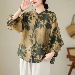 Kvinnors blusar Johnature Linen Vintage Batsleeves Single Breasted Shirt 2024 Woman Spring Fashion O-Neck Loose Devise Print