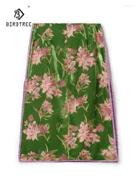 Skirts Birdtree Real Silk Green Jacquard Half Skirt Chinese Style Split H-Shaped One Step 2024 Spring B3D822QC