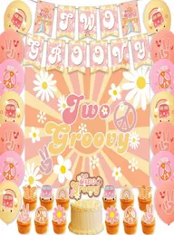 Party Decoration TWO GROOVY Hippie Boho Daisy Flower Birthday Banner Balloon Cake Insert Row 1 Year Old Baby Shower Decor Kit Supp8283199
