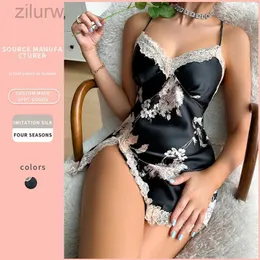 Seksi Pijama Dantel Trim İpek Saten Kadınlar Nightgown Sleeless V Boyun Slawear Seksi Side Side Side Sweet Giyim Çiçek Baskı Kadın Homewear Elbise D240425