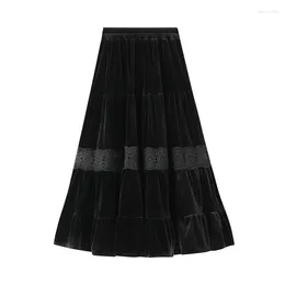 Skirts 85cm Lengthen Winter Velvet Women Skirt Sweet Layered Midi Long Pleated With Lace Decor Vintage Tiered A Line