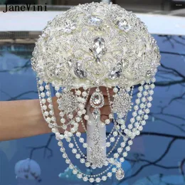 Düğün Çiçekleri Janevini Bling Kristal Rhinestone Fildişi Gül Gelin Buketleri Gümüş Taş Takı Gelin Buket Novia