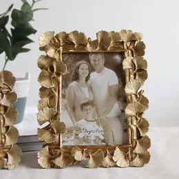 الإطار الأمريكي على الطراز الأمريكي Ginkgo Photo Frame Gold Square Table Resin Modern راتنجات منزلية 4x6 بوصة