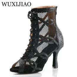 Boots Wuxijiao Shining Latin Dance Shoes Women Salas Ballroom Dance Shoes Pearl High Heel 9cm Waltz Software Shoes Selling Hot