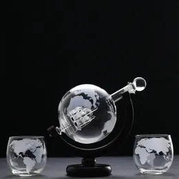 Whisky Decanter Globe Wine Aerator Glass Set Sailboat inuti Crystal med Fine Wood Stand Liquor för Vodka Cup -gåvor 240419