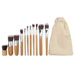 11pcs/set Convenience Tragbares natürliches Bambusgriff Make -up -Pinsel hochwertiger Grundfundament Cosmetic Make -up -Werkzeugset mit Leinenbeutel