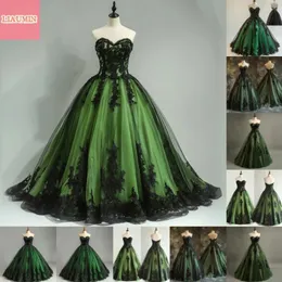 Party Dresses Green And Black Lace Applique Tulle Strapless Ball Gown Full Length Evening Formal Prom Dress Hand Made Custom Size W11-5