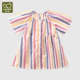 여자의 드레스 Labi Baby Baby Summer Dreess Girls Short Sleeve A Line Stripe Round Neck Kids 드레스 베이비 Girll2404를위한 십대 파티 의류