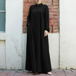 Etniska kläder Kvinnors muslimska Stand Zipper Loose Casual Dress Solid Elegant Long Sleeve Abaya Fashion Leisure