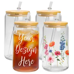 US CA Stock 16oz Sublimation Glass Bier Tassen mit Bambusdeckel Stroh Stroh Bumbler DIY Rohlinge Frosted Clear Can Can Tail Tail Tumbler i0424 0425 erhitzen