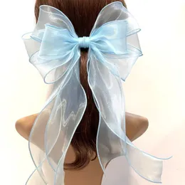 Sweet Girls lace Bows princess hairpins kids large ruffle gauze long ribbon Bow barrettes children's day party hair clip accessories Z7877