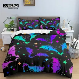 Набор постельных принадлежностей Set Set Set Halloween Bats Cover Cover King Size Microfiber Pumpkin Skeletn Print Cover с наволочками декора