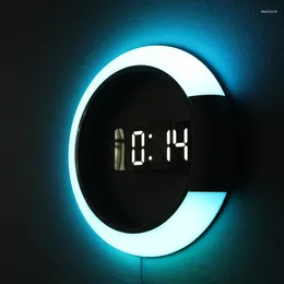 벽 시계 LED 시계 미러 중공 7 색 온도 야간 조명 Horloge Murale Lumineuse 홈 거실 장식