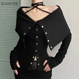 Women's T Shirts Off Shoulder T-shirts Women High Street Fashion Lace-up Sexy Black Solid Single Breasted Slim Autumn Ladies Clothing Casual