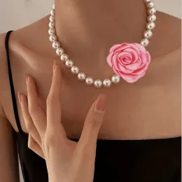 Necklaces New Imitation Pearl Flower Choker Necklace Women's Necklace On The Neck White Floral Rose Choker Jewelry Korean Y2K Accessories