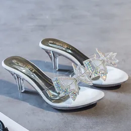 PVC Female Slipper Shoes Women Butterflyknot Teli alti trasparenti 65 cm Summer Peep Toe Crystal 240420
