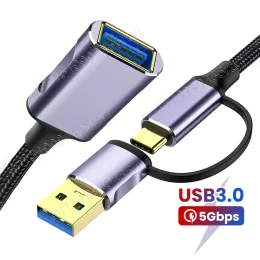 Accessories 2in1 USBA/TypeC to USB3.0 Cable USB Extension Cable Male to Female USB3.0 Extender Cord for PC TV USB Extension Data Cable 2m