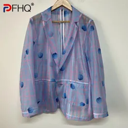 Men's Suits PFHQ Blazers Summer Print Single Breasted Transparent Organza Sun Protection Casual Loose Male Suit Jackets Chic 21Z4570