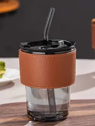 Tumblers Leeseph 14 унций Стеклянная чашка с крышкой и ремнем защитной крышки, используемой для кофейного молока, H240425