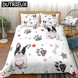 sets 3 Pieces Dog Duvet Cover Set Cartoon Bulldog Bedding Stars And Dog Paw Home Textiles White Quilt Cover Pet Bed Set Dropship