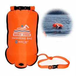 Produkter 20L Uppblåsbar öppen PVC Swimming Boj Tow Float Dry Bag Double Airbag With Belt Hög Synlighet Simning Vattenssport Säkerhetsväska