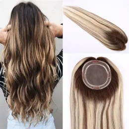 قبعات Toppers بالجملة Balayage Color Women Topper Human Hair 5.5x6inch Mono Toupees Bows Hush Poss Buttem