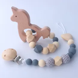 Natural Holz Silikon Baby Teether organischer Holzperlen Schnuller des Schnullers Häkelrassel -Ring -Sensorikspielzeug Zz