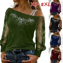 Mulheres moda a moda casual colar diagonal de manga longa tops de mulheres sexy fora de ombro de camisetas soltas fios de fios líquidos 240416