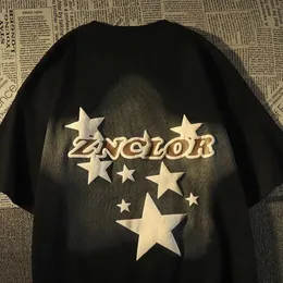 Koszulki mężczyzn American Retro Letter Star Impresso Tops Para Mulheres Loose Ts Camisetas Finas Harajuku Casual Strt Trend Casal Y2K N Vero H240425