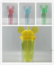 16oz Clear Mouse Ear Tumblers with Straw 450ml Mouse Ears Mug Acrylic Plastic Water Bottles Cute Child Cups sea HWD50932466030