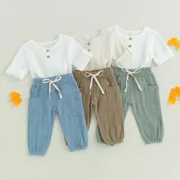 Clothing Sets Toddler Baby Boy Girl Cotton Linen Pants Set Solid Long Sleeve T Shirt Top Drawstring Elastic Waist Fall Outfit