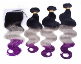 9a Virgin Peruansk 1B Gray Purple Three Tone Colored Hair Weaves With Stängning Body Wave Wavy Ombre Hair 3Bundles med 4x4 spets CL9192525