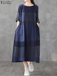 ZANZEA Women Cotton Linen Dresses Vintage Plaid Half Sleeve Midi Vestidos Casual Oneck Long Sundress 2023 Holiday Pocket Robes 240422