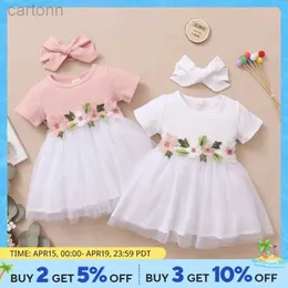 Vestidos de menina 1-3 anos recém-nascidos menina de princesa vestido bordado flores de manga curta Tulle Skirt Dress para criança D240425