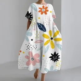 Aline Dress Bohemian Style Floral Printed Midi for Women Loose Round Neck Short Sleeve Soft Oversized Beach Travel Summer 240418