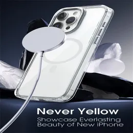 iPhone 15 Pro Promax 14 13 플러스 소매 패키지로 충격 방지 비-노란색으로 충전하는 Magnetic Transparent Phone Case Case