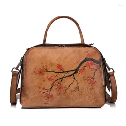 Bag YouSeason 2024 Vintage Genuine Leather Handbag Wildies Casual Cowwhide Women Totes Hand Painted Plum Flower Counter Counter Counter