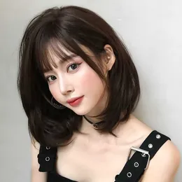 full Wig short curly buckle straight bangs round face inside BOBO head top cover student version temperament shoulder length hair stylish