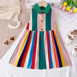 فساتين الفتاة 2024 New Spring Kids Dress 2-7y Girls Colored Stripes Sundress Children Outwear H240425