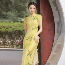 민족 의류 노란색 프린트 청남 여성 개선 된 짧은 슬리브 빈티지 드레스 슬림 한 중국 스타일 qipao s to 3xl