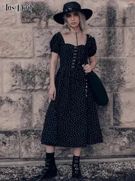 Casual Dresses Insdoit Gothic Floral Print Button MIDI Women Square Collar Puff Sleeve Grunge Eesthetic Elegant Party Nightclub Outfits