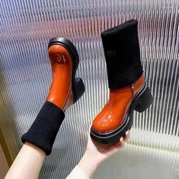 Boots Shoes For Women 2024 Foldable Knitted Women's Sock Height-increasing Thick Sole Orange Lady Modern Zapatos Mujer