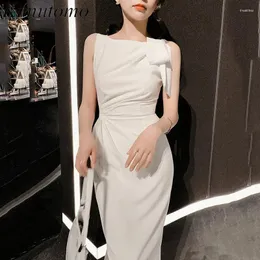Sukienki imprezowe Kimutomo Big Bow Satin White Dress Chic Design Slevela Bress Kobiet Korean Korean Simple Vestidos