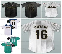 Vintage Erkekler Shohei Ohtani 16 Japonya Samuray Pinstriped Beyzbol Formaları Beyaz Siyah 11 Hokkaido Nippon Jambon Savaşçıları Dikişli Jers3081806
