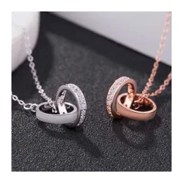 Original Designer S925 Sterling Silver Double Ring Buckle Necklace Circle något inlagd med Diamond Fashion Carter ClaVicle Pendant Plated Rose Gold