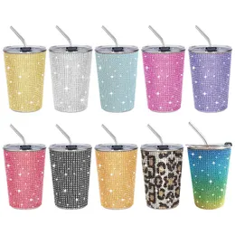 Tumblers 17oz de diamante embutido de diamante Cuple de aço inoxidável com tampa portátil de palha de palha portátil para presentes 1pcs H240425