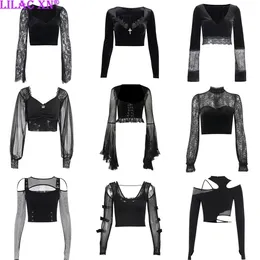 Goth Sexy Lace Flared Long Sleeve Corset Crop Tops Women Aesthetic Black Velvet V-Neck T-shirts Y2K Vintage Tops Tees Streetwear 240418