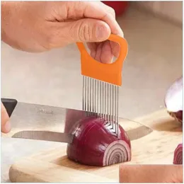 Stålkokningsredskap 2021 rostfri lök skivare tomatgrönsaker säkra gaffel kök prylar skivning skärverktyg dh9ak